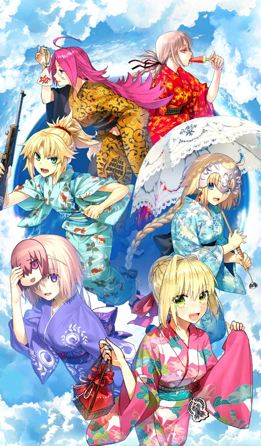 :d ahoge anniversary_heroines bag bagged_fish blonde_hair braid commentary cork_gun craft_essence facial_scar fate/grand_order fate_(series) fish florence_nightingale_(fate/grand_order) food francis_drake_(fate) goldfish green_eyes gun holding holding_mask japanese_clothes jeanne_d'arc_(fate) jeanne_d'arc_(fate)_(all) kimono konoe_ototsugu long_braid long_hair mash_kyrielight mask mordred_(fate) mordred_(fate)_(all) multiple_girls nero_claudius_(fate) nero_claudius_(fate)_(all) official_art open_mouth parasol pink_eyes pink_hair popsicle purple_eyes purple_hair rifle scar short_hair short_ponytail single_braid smile spiked_hair takahashi_keitarou takeuchi_takashi umbrella wada_aruko watermelon_bar weapon yukata