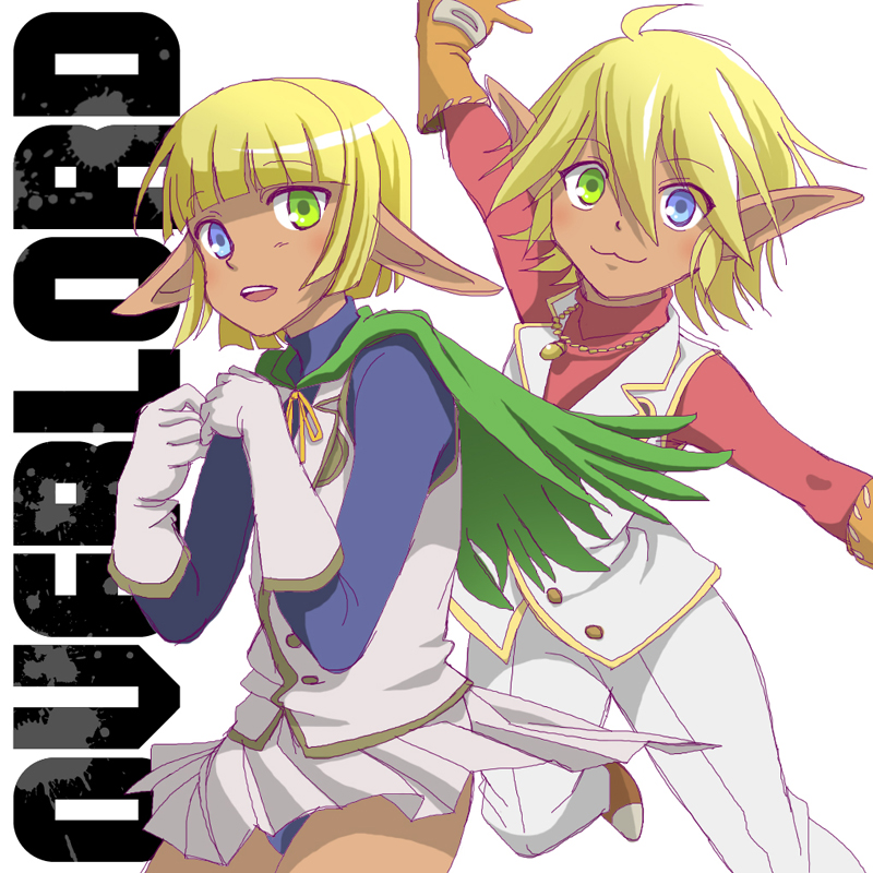 1girl :3 :d ahoge aura_bella_fiora bangs blonde_hair blue_eyes blunt_bangs brother_and_sister brown_gloves cape commentary_request copyright_name crossdressing gloves green_cape green_eyes hair_between_eyes heterochromia jewelry k-ta long_sleeves looking_at_viewer mare_bello_fiore necklace open_mouth otoko_no_ko overlord_(maruyama) pants pleated_skirt pointy_ears reverse_trap short_hair siblings simple_background skirt smile twins white_background white_gloves white_pants