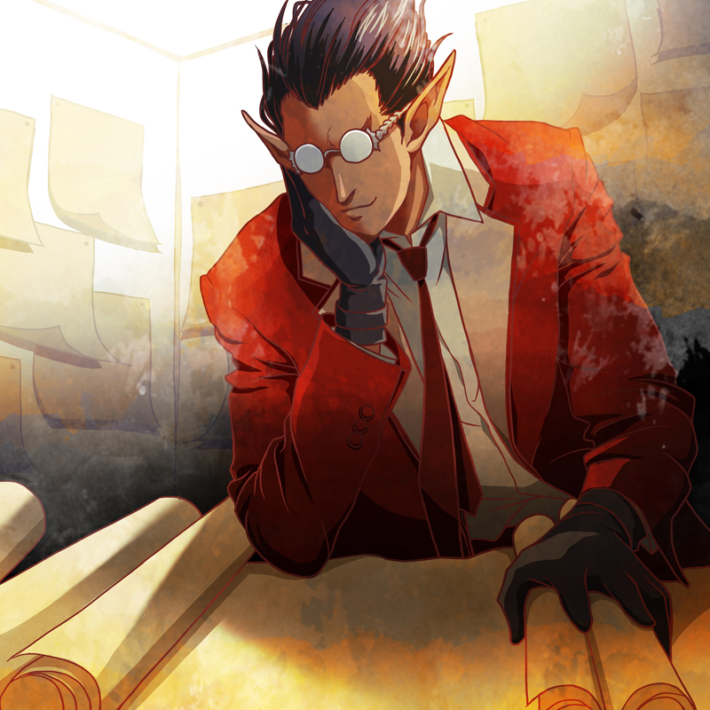 black_gloves black_hair chin_rest commentary_request demiurge formal glasses gloves hair_slicked_back k-ta male_focus necktie no_earrings overlord_(maruyama) pointy_ears red_suit smile solo suit