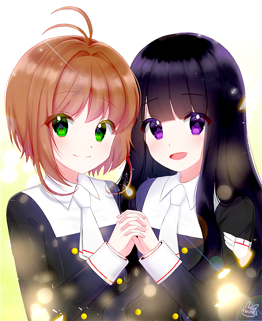 :d antenna_hair bangs black_hair black_shirt blunt_bangs brown_hair cardcaptor_sakura daidouji_tomoyo eyebrows_visible_through_hair green_eyes holding_hands interlocked_fingers kinomoto_sakura long_hair looking_at_viewer mamel_27 multiple_girls necktie open_mouth purple_eyes school_uniform shirt short_hair short_necktie signature smile tomoeda_middle_school_uniform upper_body white_background white_neckwear