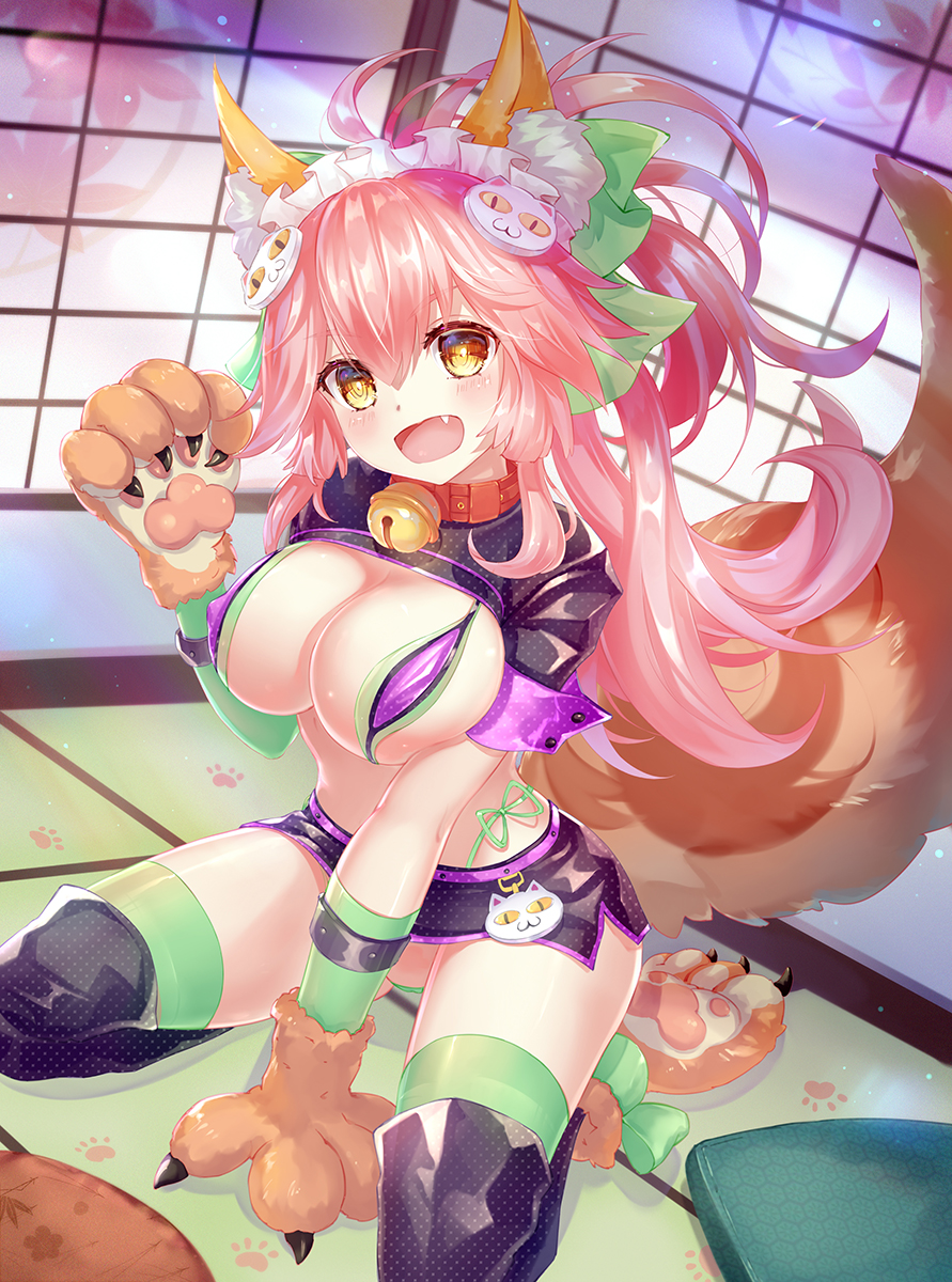 :d animal_ear_fluff animal_ears asanogawa_(tutufcc) bangs bell bell_collar between_legs bikini black_legwear black_skirt blush bow breasts brown_eyes cat_hair_ornament cleavage collar commentary_request cosplay covered_nipples dutch_angle elbow_gloves eyebrows_visible_through_hair fang fate/grand_order fate_(series) florence_nightingale_(fate/grand_order) florence_nightingale_(fate/grand_order)_(cosplay) fox_ears fox_girl fox_tail gloves green_bikini green_bow green_gloves green_legwear hair_between_eyes hair_bow hair_ornament hand_between_legs hand_up head_tilt highleg highleg_bikini highres indoors jingle_bell large_breasts layered_bikini long_hair looking_at_viewer maid_headdress microskirt open_mouth paw_gloves paw_print paw_shoes paws pink_hair polka_dot polka_dot_legwear puffy_short_sleeves puffy_sleeves purple_bikini red_collar revealing_clothes seiza shoes short_sleeves shrug_(clothing) side-tie_bikini sitting skirt smile solo swimsuit tail tamamo_(fate)_(all) tamamo_cat_(fate) thighhighs trick_or_treatment v-shaped_eyebrows very_long_hair