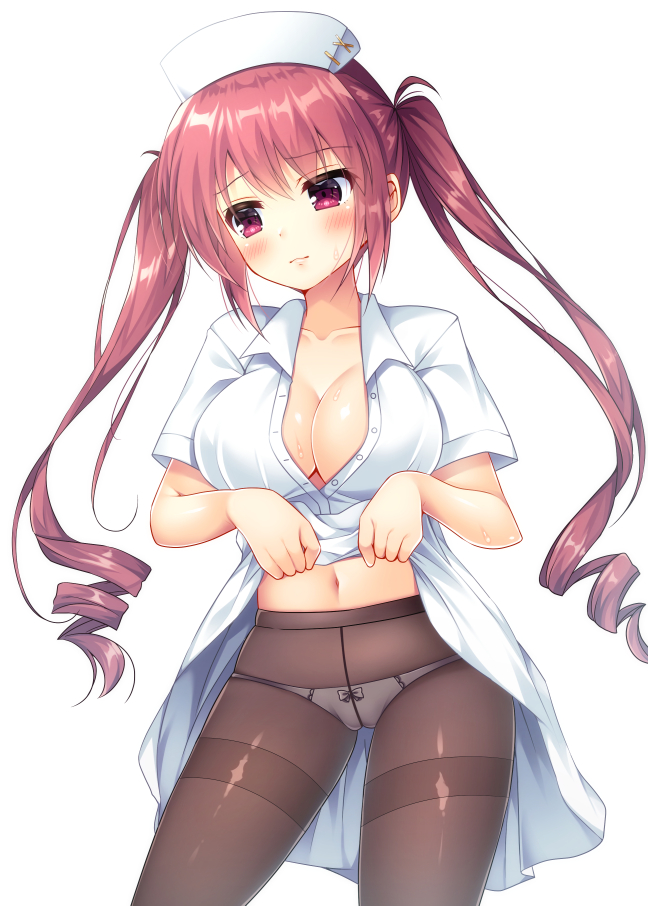 blush bow bow_panties breasts brown_legwear cleavage closed_mouth collarbone collared_dress commentary_request crotch_seam dress dress_lift fujikura_ryuune hat head_tilt large_breasts lifted_by_self long_hair looking_away looking_to_the_side navel nurse nurse_cap original panties panties_under_pantyhose pantyhose partially_unbuttoned red_eyes red_hair ringlets short_sleeves sidelocks simple_background solo thighband_pantyhose twintails underwear very_long_hair white_background white_dress white_hat white_panties