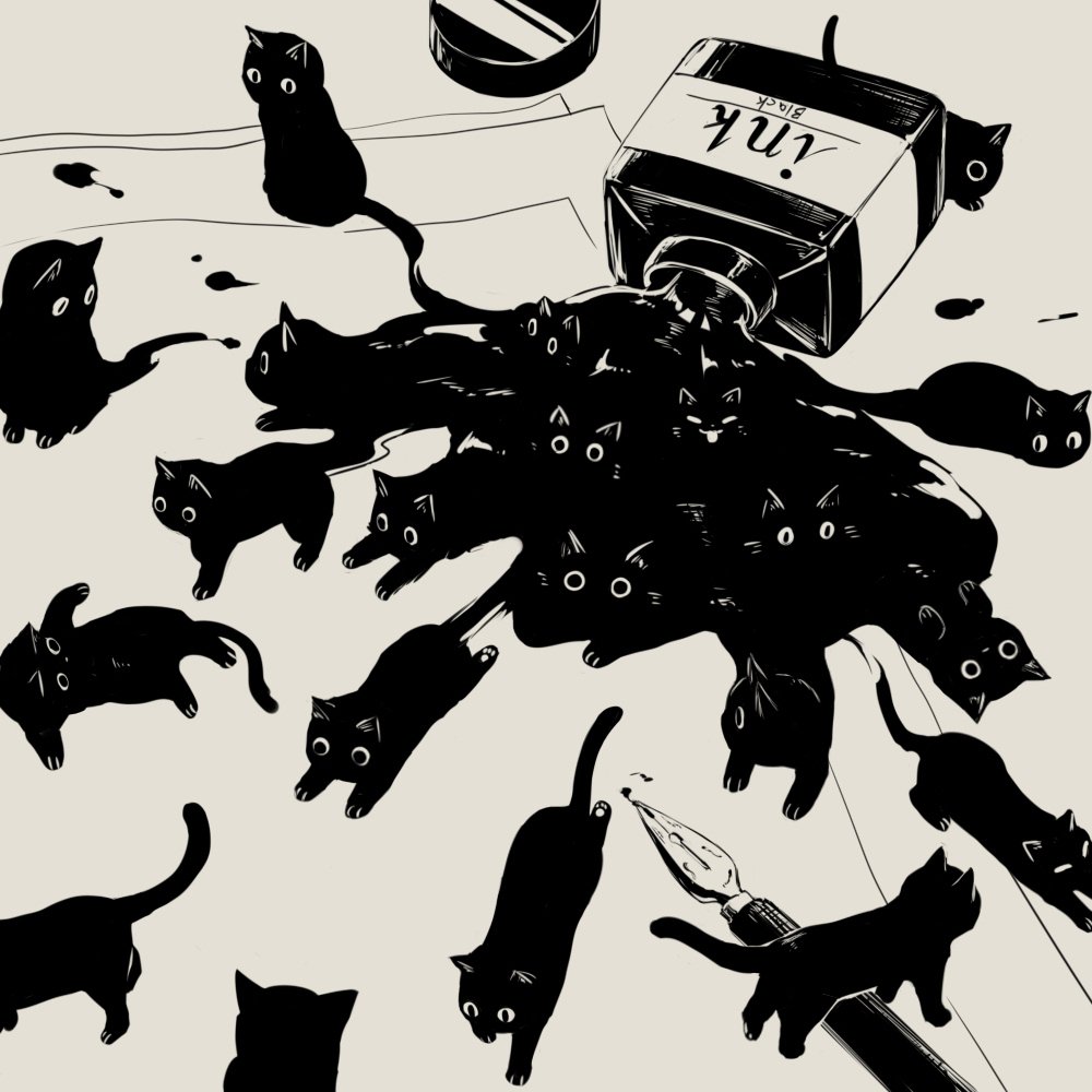 avogado6 black_cat blending bottle cat cat_focus fountain_pen greyscale ink ink_bottle monochrome no_humans original paper pen spill surreal too_many too_many_cats