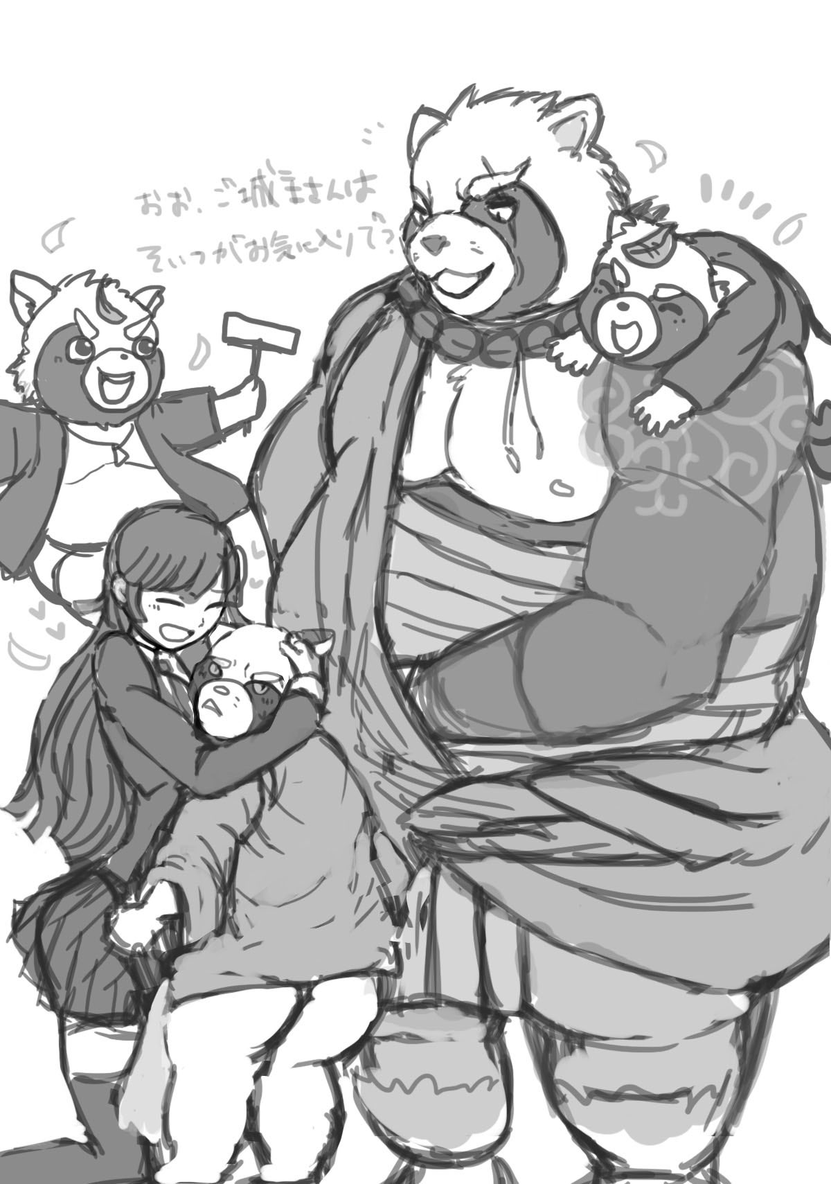 &lt;3 2018 anthro belly butt canine female gyobu japanese_text male mammal moobs overweight overweight_male scar tanuki text tokyo_afterschool_summoners