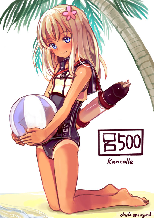 barefoot beachball blonde_hair blue_eyes blush breasts character_name closed_mouth commentary_request copyright_name dada_(esoragoto) eyebrows_visible_through_hair flower hair_flower hair_ornament kantai_collection kneeling long_hair looking_at_viewer one-piece_swimsuit palm_tree ro-500_(kantai_collection) school_swimsuit small_breasts smile swimsuit tan tanline torpedo tree white_hair