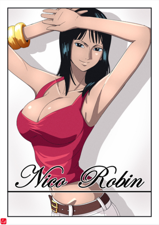 1girl black_hair blue_eyes bracelet breasts dark_skin jewelry large_breasts navel nico_robin one_piece pose smile solo stomach tanned_skin