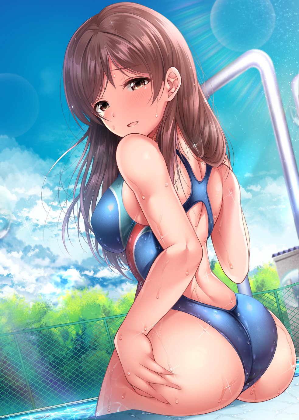 ass back bangs bare_shoulders blue_sky blue_swimsuit blush breasts brown_eyes brown_hair commentary_request competition_swimsuit day fence garana hand_on_hip highres hips idolmaster idolmaster_cinderella_girls large_breasts lens_flare light_particles long_hair looking_at_viewer looking_back nitta_minami one-piece_swimsuit open_mouth parted_lips pool poolside sitting sky smile solo sunlight swept_bangs swimsuit tree