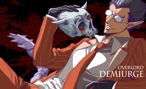 black_gloves black_hair blood character_name copyright_name demiurge earrings formal glasses gloves grin hair_slicked_back jewelry k-ta male_focus necktie overlord_(maruyama) pinstripe_suit pointy_ears red_neckwear red_suit skull smile solo striped suit tail