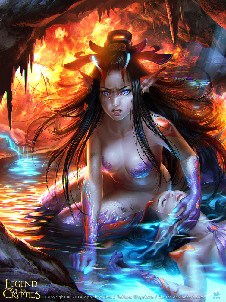 angry artist_name bare_shoulders black_hair blue_eyes breasts cleavage closed_eyes copyright_name crying faceless faceless_female fantasy fire hair_ornament head_fins horns legend_of_the_cryptids long_hair midriff monster_girl multiple_girls navel official_art rock sitting solo_focus tatiana_kirgetova tattoo teeth water