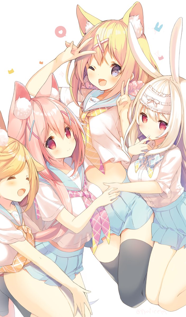 &gt;_&lt; 4girls ^_^ amamiya_aki amamiya_mei animal_ears bangs blonde_hair bow bunny_ears bunny_tail cardigan chibi circle_name closed_eyes cover cynthia_riddle doughnut dvd_cover eating extra_ears eyes_closed flower food fox_ears fox_tail hair_between_eyes hair_flower hair_ornament hair_scrunchie hand_to_own_mouth heart highres long_hair long_sleeves low_twintails milia_leclerc multiple_girls open_mouth original p19 pink_hair pink_scrunchie pleated_skirt polka_dot polka_dot_scrunchie red_eyes school_uniform scrunchie shirt skirt smile swept_bangs tail twintails upper_body white_background white_hair white_shirt x_hair_ornament