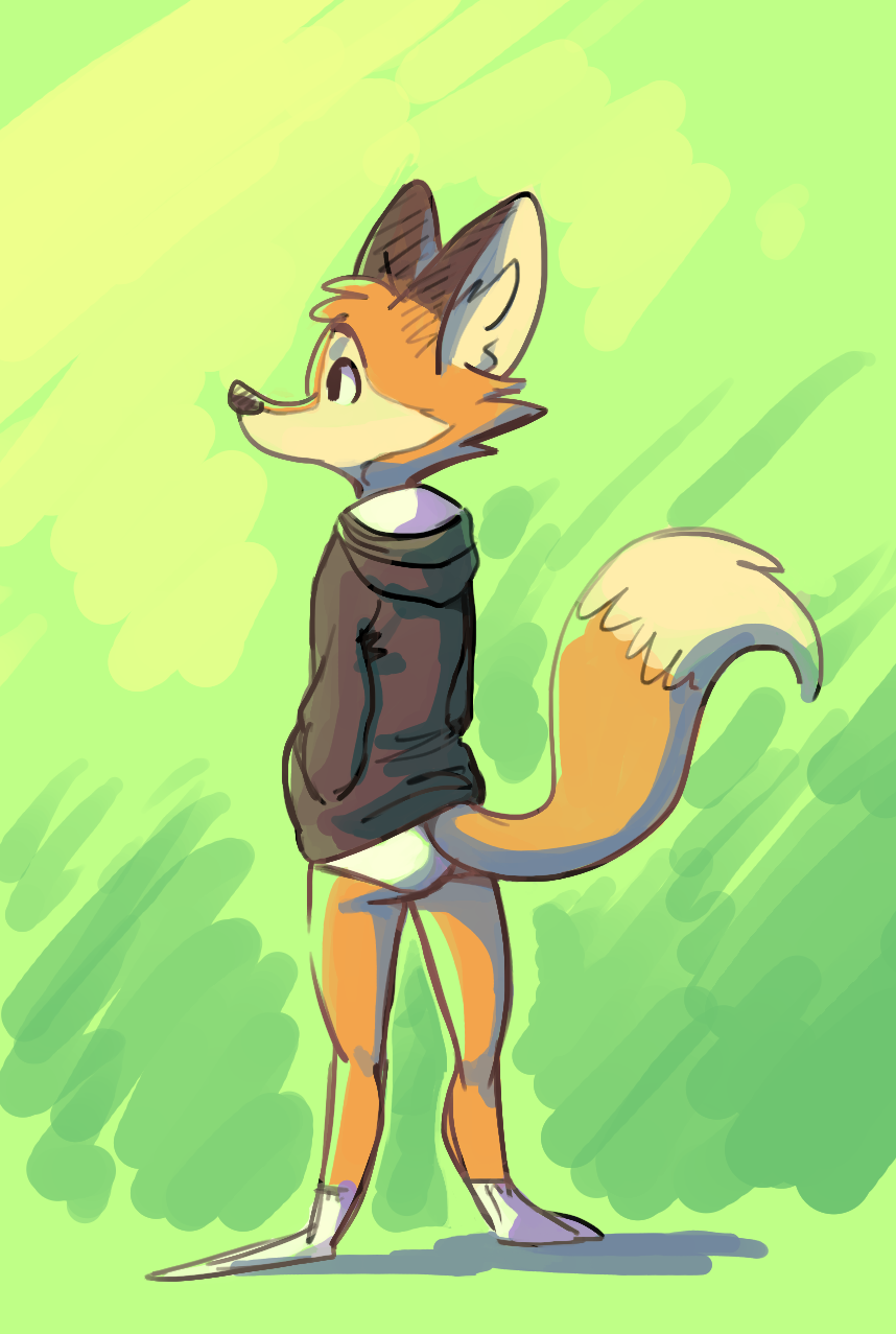 2018 ambiguous_gender anthro barefoot butt canine cheek_tuft clothed clothing darma dipstick_ears dipstick_tail fox fuel_(artist) hands_in_pockets hoodie legwear mammal multicolored_tail rear_view rock_dog simple_background socks solo standing tuft underwear