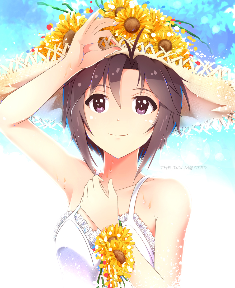 arm_up black_eyes black_hair copyright_name dress flower hair_between_eyes hat hat_flower idolmaster idolmaster_(classic) kikuchi_makoto looking_at_viewer ns.x short_hair sleeveless sleeveless_dress smile solo straw_hat sun_hat sundress sunflower upper_body white_dress yellow_flower