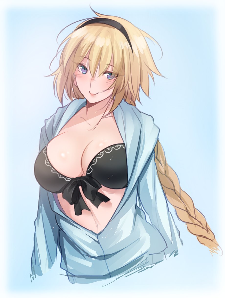 alternate_costume bangs bikini black_bikini blonde_hair blue_eyes blue_sweater blush braid breasts cardigan cleavage collarbone commentary eyebrows_visible_through_hair fate/grand_order fate_(series) front-tie_top hairband highres jeanne_d'arc_(fate)_(all) jeanne_d'arc_(swimsuit_archer) large_breasts long_braid long_hair open_cardigan open_clothes single_braid sketch smile sweater swimsuit tusia