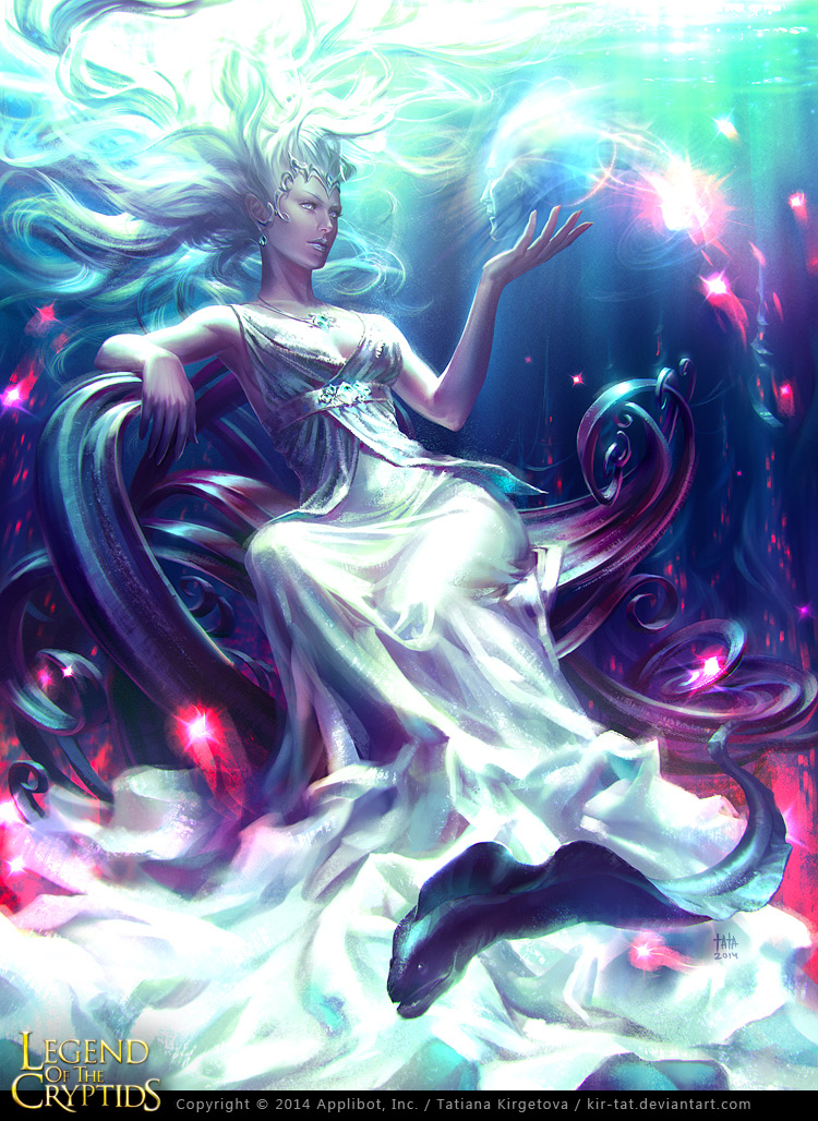 artist_name blue_eyes breasts cleavage copyright_name earrings fantasy fish ghost jewelry legend_of_the_cryptids lipstick long_hair magic makeup necklace official_art sitting solo sparkle tatiana_kirgetova tiara water white_hair