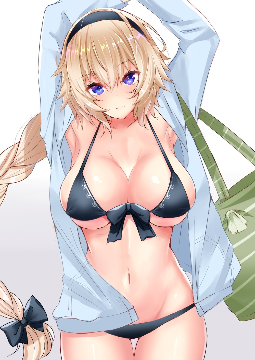 armpits arms_up bag bangs bare_shoulders bikini black_bikini black_bow blonde_hair blue_eyes blue_jacket blush bow braid breasts cleavage closed_mouth collarbone commentary fate/grand_order fate_(series) hair_between_eyes hair_bow hairband highres hips hood hoodie jacket jeanne_d'arc_(fate)_(all) jeanne_d'arc_(swimsuit_archer) large_breasts long_braid long_hair looking_at_viewer navel open_clothes open_jacket sankakusui shiny shiny_hair shiny_skin shoulder_bag single_braid solo swimsuit thighs white_background
