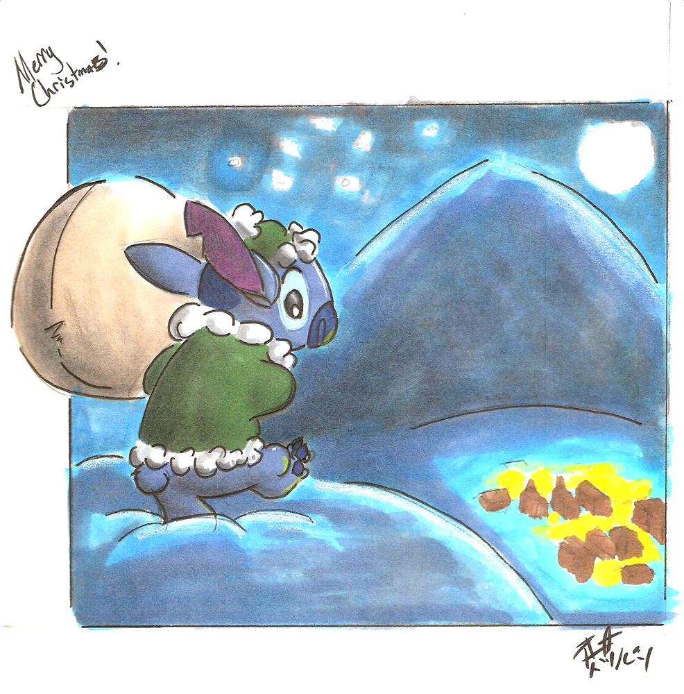 2006 alien black_eyes blue_claws blue_fur blue_nose bottomless christmas claws clothed clothing coat disney donryu experiment_(species) fur hat holding_object holiday_message holidays lilo_and_stitch looking_down merry_christmas mountain notched_ear sack signature small_tail snow solo stitch toe_claws traditional_media_(artwork) village walking white_pupils winter
