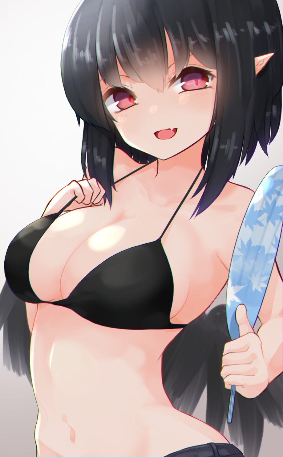 :d bangs bare_shoulders bikini black_bikini black_hair black_wings blush breasts cleavage commentary_request eyebrows_visible_through_hair fang feathered_wings grey_background hair_between_eyes hand_up highres holding large_breasts long_hair navel open_mouth pointy_ears red_eyes shameimaru_aya smile solo strap_gap swimsuit touhou wings yusake_san