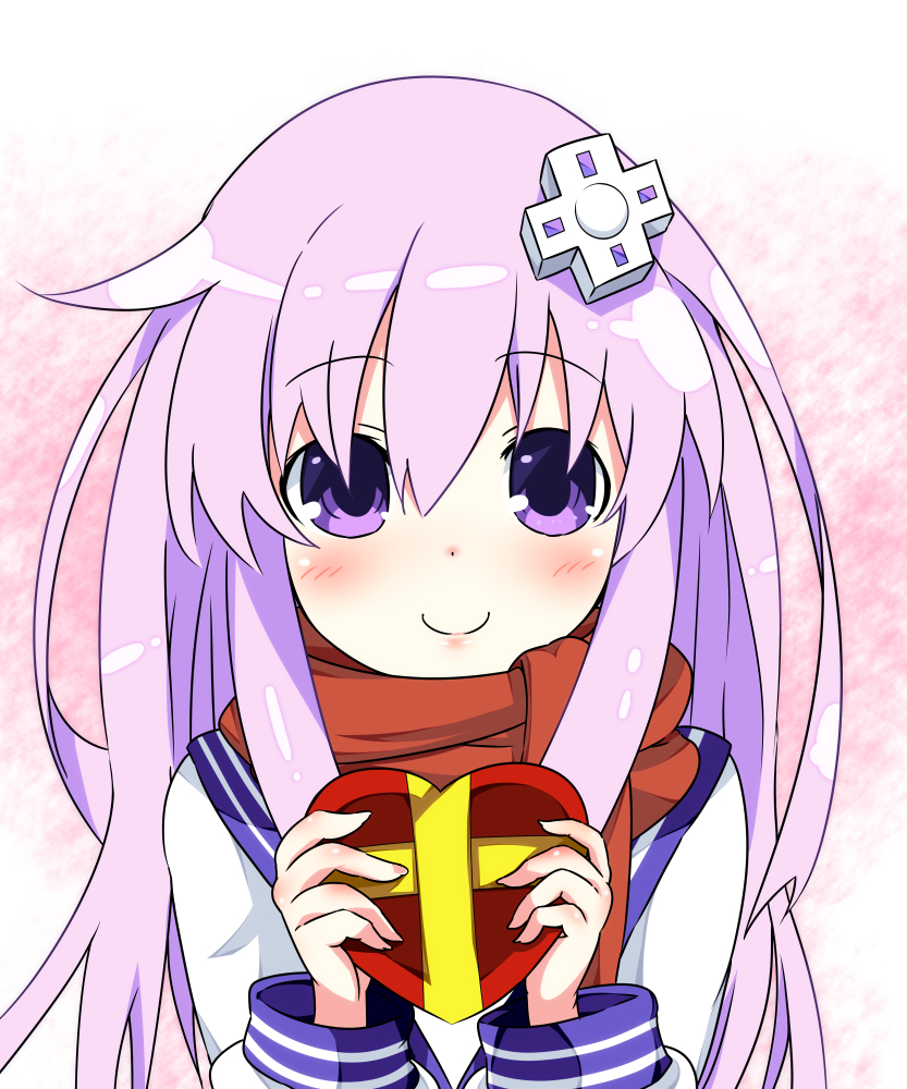 blush box d-pad d-pad_hair_ornament gift hair_between_eyes hair_ornament heart-shaped_box holding holding_gift kurozero long_hair looking_at_viewer nepgear neptune_(series) purple_eyes purple_hair red_scarf scarf smile solo upper_body valentine