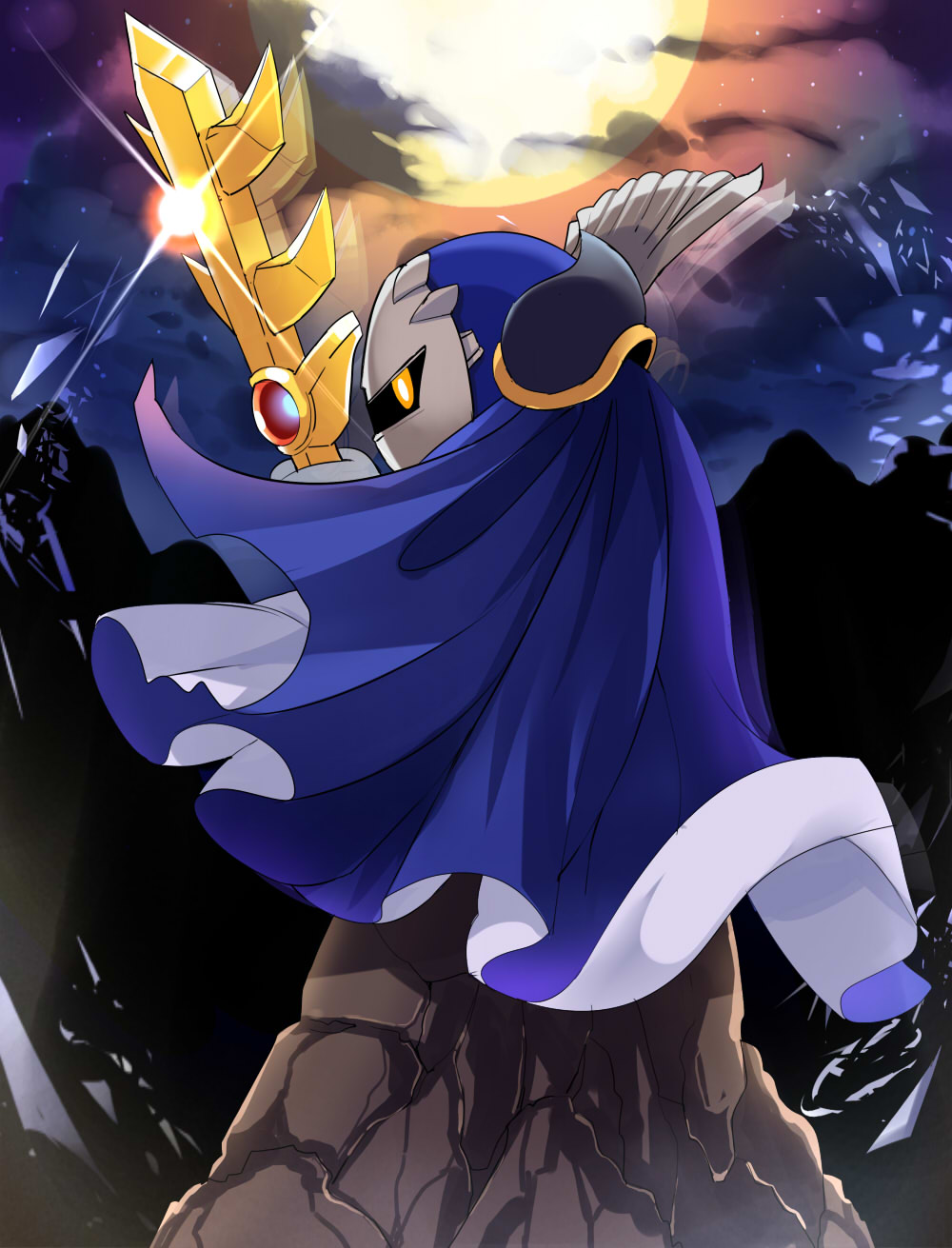 afterimage cape cloud commentary_request e.o. galaxia_(sword) glint glowing highres kirby_(series) light mask meta_knight moon no_humans shoulder_pads sideways_glance sky solo star_(sky) starry_sky sword weapon yellow_eyes