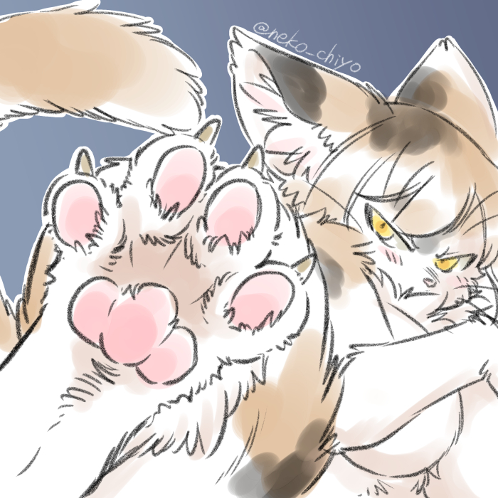 4_toes anthro blush breasts cat feline female foot_focus fur hair kemono mammal neko_chiyo pawpads solo toes