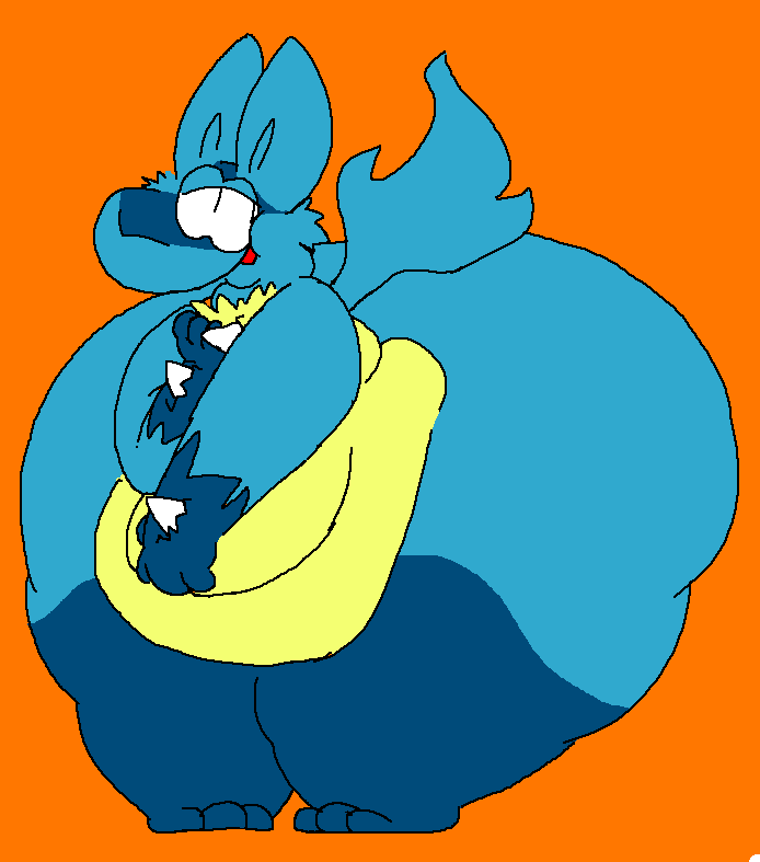 2018 ambiguous_gender anthro big_butt blue_fur butt fur hand_on_chest huge_butt hyper hyper_butt hyper_thighs lemontree looking_back love_handles lucario mammal morbidly_obese nintendo nude obese orange_background overweight pok&eacute;mon pok&eacute;mon_(species) simple_background smile solo standing thick_thighs tongue toony video_games yellow_fur
