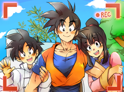 2boys :d ayo_(isy8800) bad_id bad_pixiv_id bangs black_eyes black_hair blush chi-chi_(dragon_ball) chinese_clothes couple day dougi dragon_ball dragon_ball_z eyebrows_visible_through_hair family father_and_son fingernails happy hetero house locked_arms looking_at_viewer lowres mother_and_son multiple_boys open_mouth outdoors plant pov recording shirt short_hair smile son_gohan son_gokuu spiked_hair tied_hair tree upper_body waving white_shirt