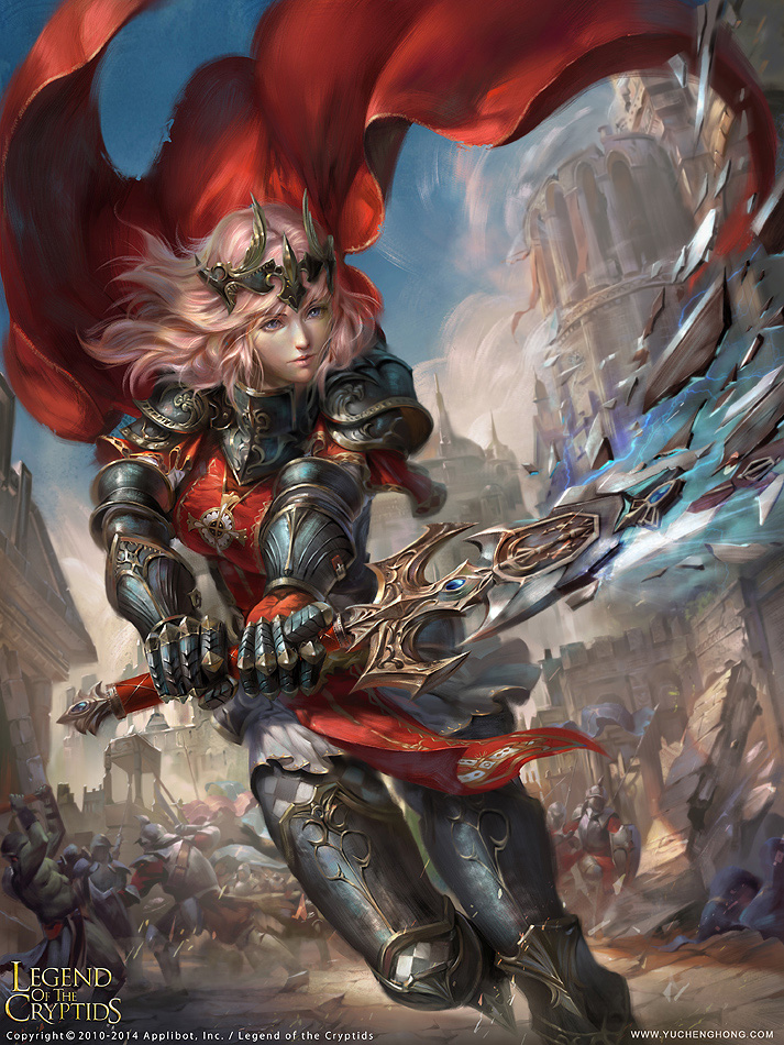 armor armored_boots blue_eyes boots cape cloud copyright_name faceless faceless_male fantasy gloves helmet hong_yu_cheng legend_of_the_cryptids long_hair official_art pink_hair polearm sky solo_focus spear sword weapon