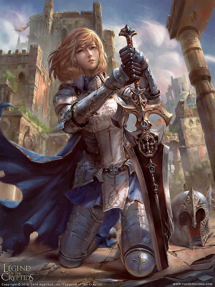 armor armored_boots blonde_hair blue_eyes boots cape cloud copyright_name fantasy gloves headwear_removed helmet helmet_removed hong_yu_cheng legend_of_the_cryptids long_hair official_art open_mouth sky solo sword teeth tree weapon