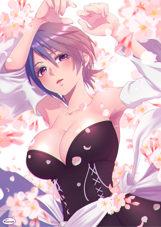 1girl aqua_(kingdom_hearts) armpits arms_up bangs bare_shoulders black_dress blue_hair blush breasts cherry_blossoms chromatic_aberration cleavage collarbone detached_sleeves dress female fingernails floral_background flower hair_between_eyes highres kingdom_hearts kingdom_hearts_birth_by_sleep large_breasts lips looking_at_viewer nail_polish neck open_mouth petals pink_eyes pink_flower short_hair solo strapless strapless_dress tamaki_(tmk-poison) white_detached_sleeves wide_sleeves