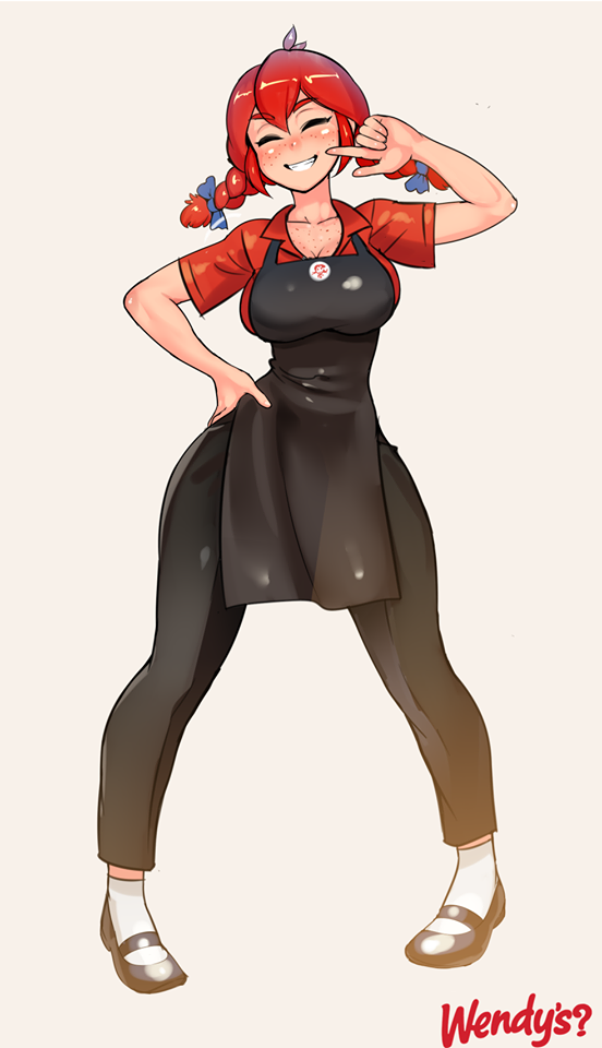 1girl apron bare_arms black_apron black_pants black_shoes blush breasts curvy freckles full_body hand_on_waist happy hips large_breasts pants pose red_hair red_shirt shirt shoes smile socks teeth thick_thighs thighs twintails wendy's wendy_(wendy's) white_socks wide_hips