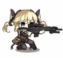 :d animated animated_gif arm_up bangs battle_rifle bikini black_ribbon blonde_hair blue_eyes blush chibi closed_eyes detached_collar full_body girls_frontline gun hair_ribbon hand_up headset holding holding_gun holding_weapon jacket larue_tactical_obr lowres obr_(girls_frontline) official_art open_clothes open_jacket open_mouth opening_eyes ribbon rifle saru scope shorts sidelocks simple_background smile solo swimsuit twintails two_side_up weapon wind