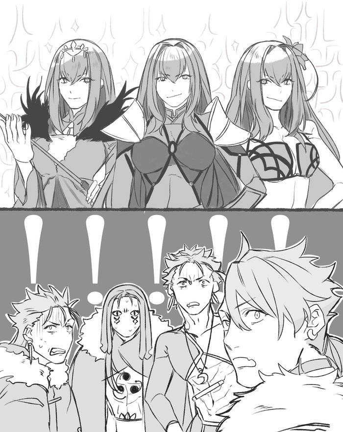 2koma 3girls 4boys bangs bikini bodysuit breasts cape comic commentary cu_chulainn_(fate/grand_order) cu_chulainn_(fate/prototype) cu_chulainn_alter_(fate/grand_order) dress eyebrows_visible_through_hair fate/grand_order fate/prototype fate/stay_night fate_(series) flower fur_trim greyscale hair_between_eyes hair_flower hair_ornament headpiece holding holding_weapon hood kkao_0 lancer long_hair monochrome multiple_boys multiple_girls multiple_persona open_mouth ponytail scathach_(fate)_(all) scathach_(fate/grand_order) scathach_(swimsuit_assassin)_(fate) scathach_skadi_(fate/grand_order) shocked_eyes short_hair shoulder_pads silent_comic smile sparkle sweatdrop swimsuit tattoo tiara wand weapon