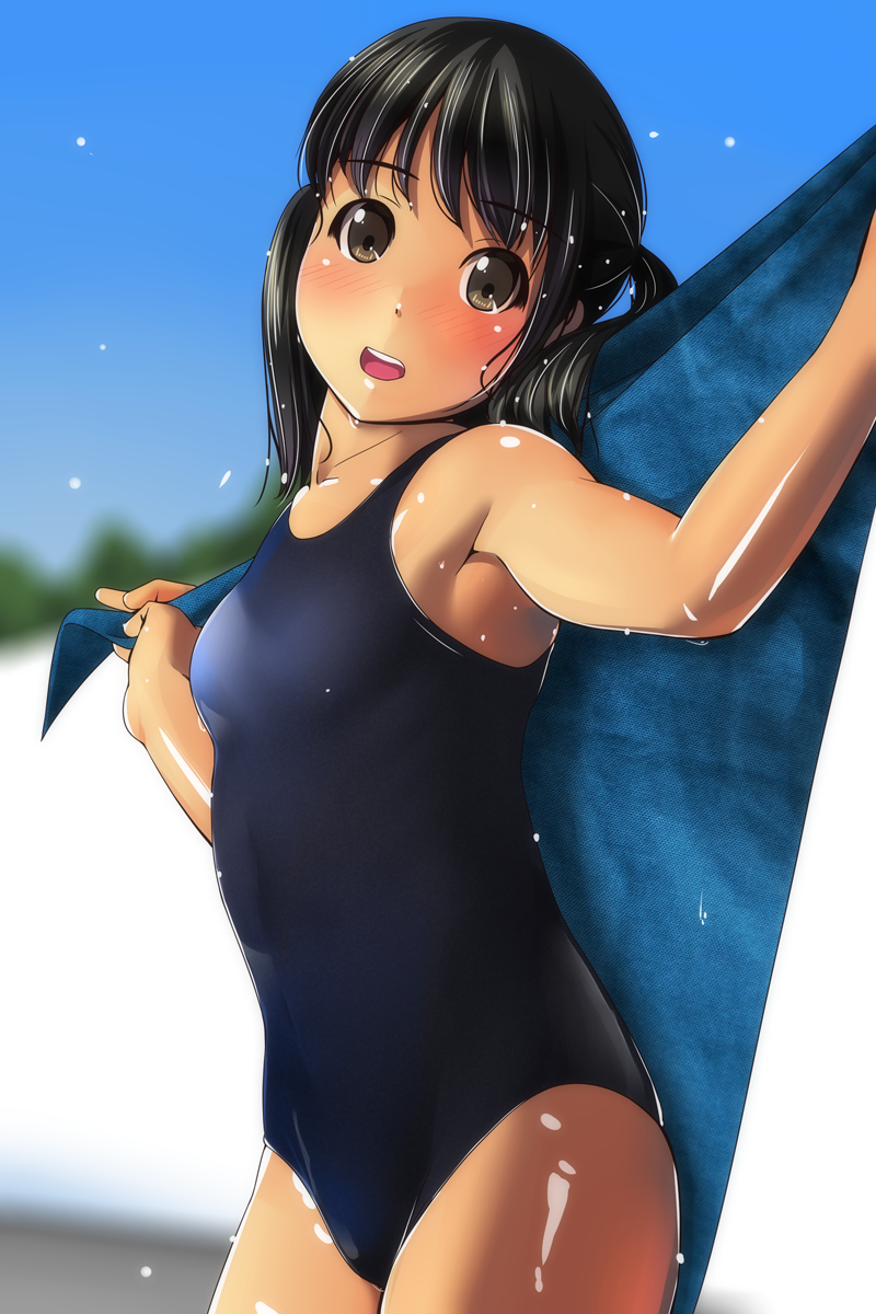 :d bangs bare_arms bare_shoulders black_eyes black_hair black_swimsuit blue_sky blurry blurry_background blush breasts commentary_request day eyebrows_visible_through_hair head_tilt highres holding holding_towel long_hair looking_at_viewer looking_to_the_side matsunaga_kouyou nose_blush one-piece_swimsuit open_mouth original outdoors school_swimsuit sky small_breasts smile solo swimsuit towel twintails upper_teeth wet