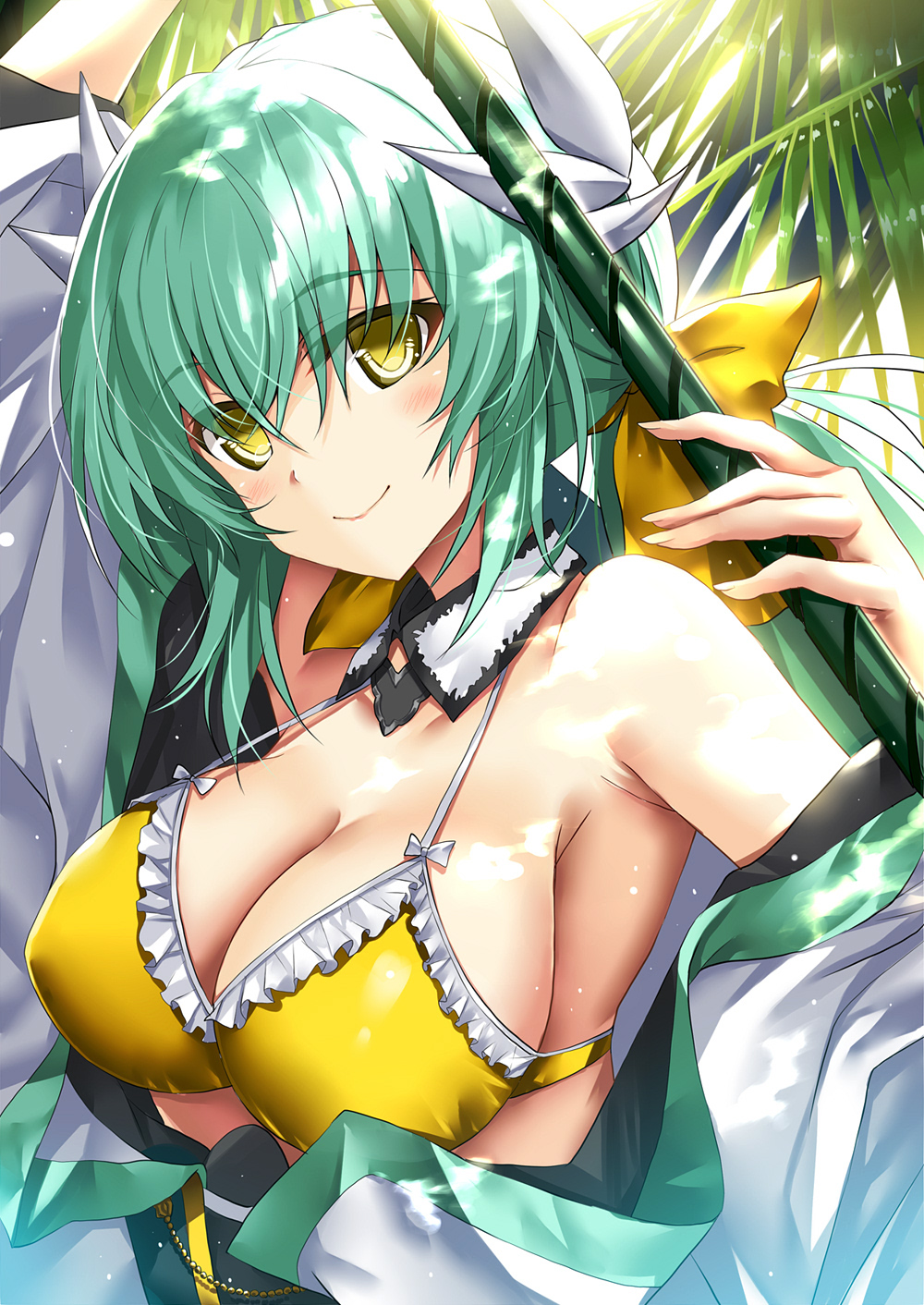 bikini blush breasts closed_mouth commentary_request detached_collar eyebrows_visible_through_hair fate/grand_order fate_(series) green_hair highres horns kiyohime_(fate/grand_order) kiyohime_(swimsuit_lancer)_(fate) long_hair looking_at_viewer medium_breasts morizono_shiki smile solo swimsuit upper_body yellow_bikini yellow_bikini_top yellow_eyes