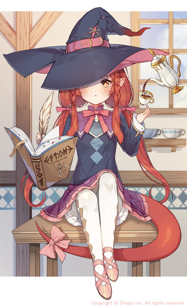 :&lt; argyle argyle_legwear bad_id bad_pixiv_id black_hat black_shirt blush book bow braid brown_eyes character_request closed_mouth commentary_request cup floating_book hair_bow hands_up hat holding laurelfalcon long_hair long_sleeves looking_at_viewer low_twintails official_art on_table open_book pantyhose pink_bow pink_footwear pleated_skirt purple_skirt quill red_hair shirt shoes sid_story side_braid sitting sitting_on_table skirt sleeves_past_wrists solo table tail tail_bow tea teacup teapot twin_braids twintails very_long_hair watermark white_legwear window witch_hat