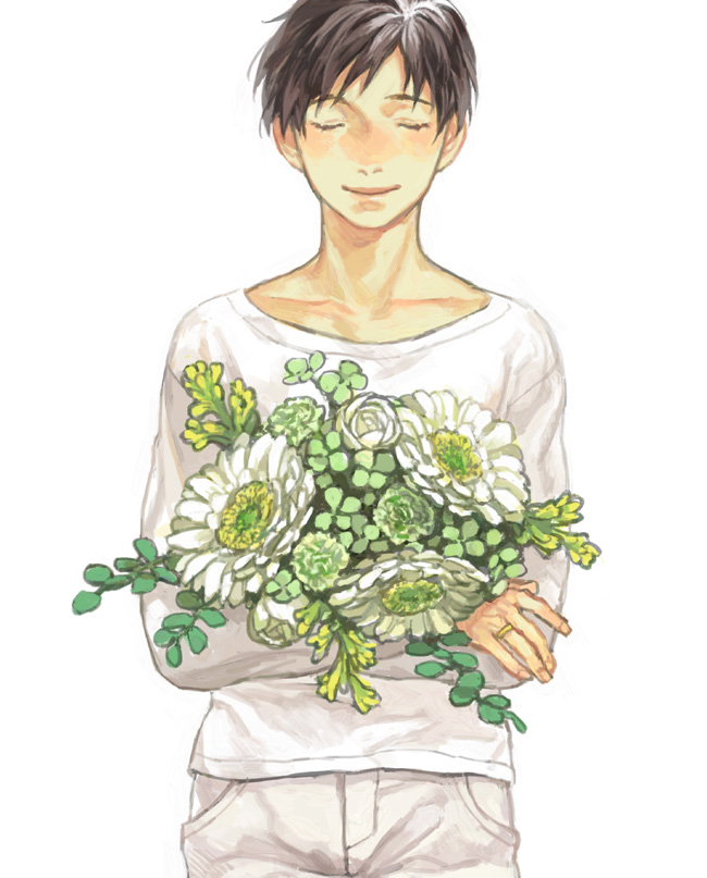 black_hair bouquet closed_eyes denim eyebrows_visible_through_hair fingernails flower flower_request green_flower happy jeans jewelry katsuki_yuuri long_sleeves male_focus pants plant r_inami ring rose shirt short_hair simple_background smile solo upper_body white_background white_flower white_pants white_rose white_shirt yellow_flower yuri!!!_on_ice