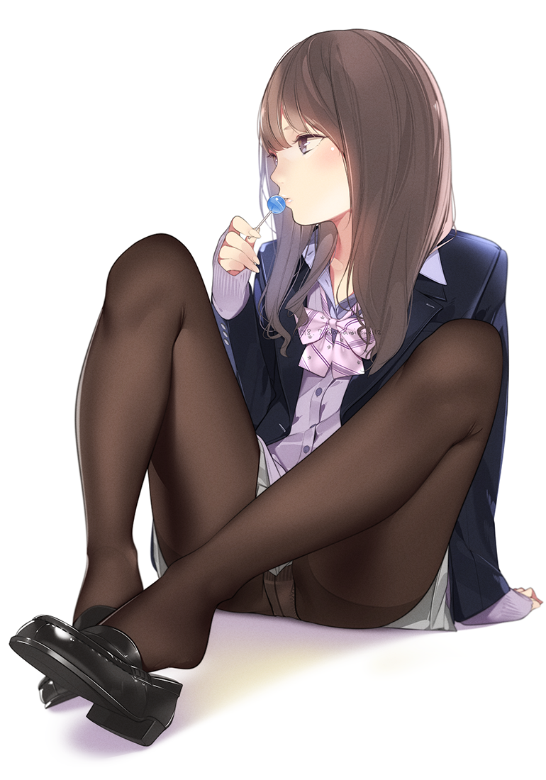 ama_mitsuki arm_support bangs black_footwear black_legwear blazer blue_jacket blush bow bowtie brown_eyes brown_hair candy cardigan check_commentary commentary commentary_request crotch_seam dated food full_body grey_skirt jacket legs lips loafers lollipop long_hair long_legs long_sleeves original panties panties_under_pantyhose pantyhose pantyshot pleated_skirt school_uniform shoe_dangle shoes simple_background sitting skirt solo twitter_username underwear white_background