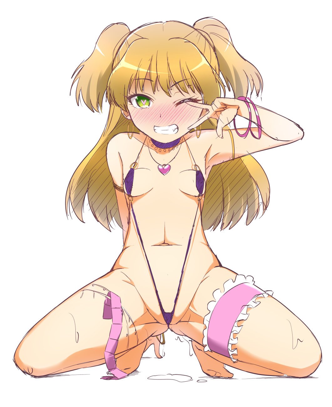 arm_strap arm_support arm_up bangle bangs bare_shoulders barefoot bikini blonde_hair blush bracelet breasts choker collarbone commentary_request condom_packet_strip condom_wrapper covered_nipples earrings eyebrows_visible_through_hair fang frills full_body green_eyes grin heart heart-shaped_pupils heart_necklace highres hoop_earrings idolmaster idolmaster_cinderella_girls jewelry jougasaki_rika leg_garter long_hair looking_at_viewer matatabi_(2ccp) micro_bikini navel nose_blush o-ring o-ring_swimsuit one_eye_closed purple_choker purple_swimsuit shiny shiny_hair simple_background sketch slingshot_swimsuit small_breasts smile solo spread_legs squatting stomach sweat swimsuit symbol-shaped_pupils thigh_strap two_side_up w w_over_eye white_background
