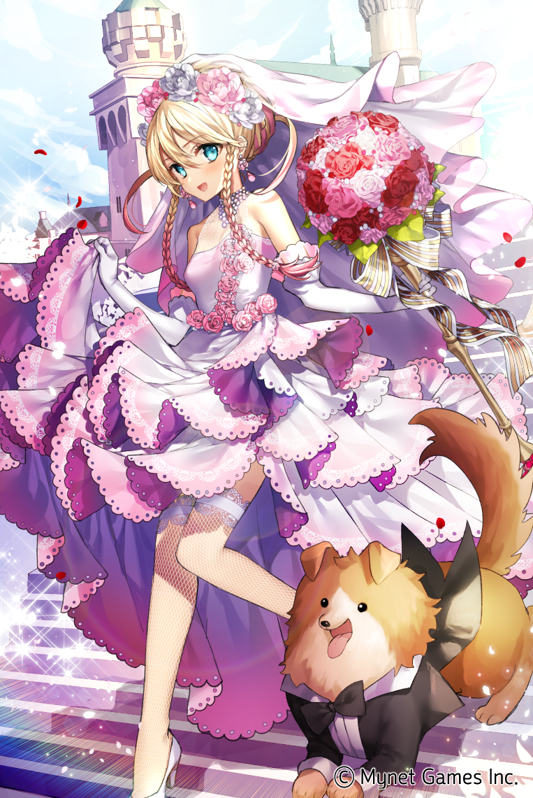 :d age_of_ishtaria animal aqua_eyes bangs blonde_hair bouquet bridal_veil castle clothed_animal commentary_request day dog dress earrings elbow_gloves eyebrows_visible_through_hair fishnet_pantyhose fishnets flower formal gambe gloves hair_between_eyes hair_bun hair_flower hair_ornament high_heels holding holding_bouquet jewelry official_art open_mouth outdoors pantyhose pink_flower pink_rose red_flower red_rose rose side_braids skirt_hold smile solo sparkle stairs suit thighhighs veil walking watermark wedding_dress white_flower white_gloves white_legwear white_rose