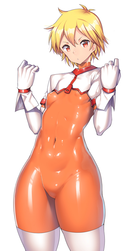bangs blonde_hair bodysuit breasts commentary_request covered_navel covered_nipples cowboy_shot elbow_gloves eyebrows_visible_through_hair gloves groin hands_up head_tilt impossible_bodysuit impossible_clothes latex looking_at_viewer nagase_haruhito orange_bodysuit original parted_lips red_eyes shiny shiny_clothes shiny_hair short_hair short_sleeves shrug_(clothing) simple_background skin_tight small_breasts solo standing thick_thighs thighhighs thighs turtleneck white_background white_gloves white_legwear wide_hips zipper zipper_pull_tab