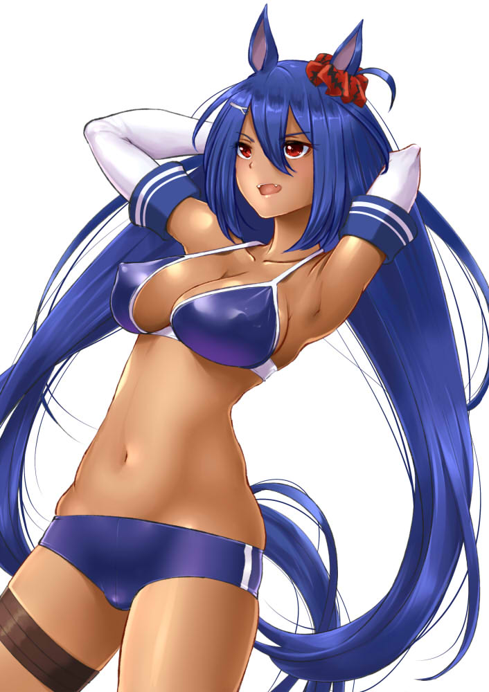 animal_ears armpits arms_behind_head arms_up bikini_top blue_bikini_top blue_buruma breasts buruma cleavage commentary_request covered_nipples elbow_gloves fang gloves gym_uniform hishi_amazon horse_ears horse_tail long_hair marubonman navel open_mouth purple_hair red_eyes solo sports_bikini sportswear tail thigh_strap umamusume very_long_hair white_gloves