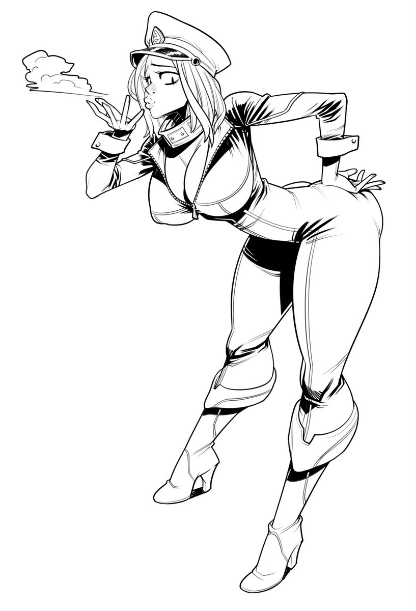 1girl ass bent_over bodysuit boku_no_hero_academia boots breasts cleavage curvy full_body greyscale hand_on_hip hand_on_own_ass hat high_heel_boots high_heels highres kemii_(boku_no_hero_academia) large_breasts monochrome police_hat simple_background solo unzipped white_background zipper