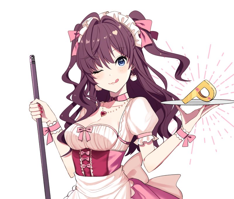 :3 apron blue_eyes blush breasts brown_hair cleavage collarbone commentary_request dress earrings frills haikimono_shounen ichinose_shiki idolmaster idolmaster_cinderella_girls jewelry long_hair looking_at_viewer maid maid_apron maid_headdress medium_breasts one_eye_closed ribbon smile solo twintails two_side_up waist_apron wavy_hair