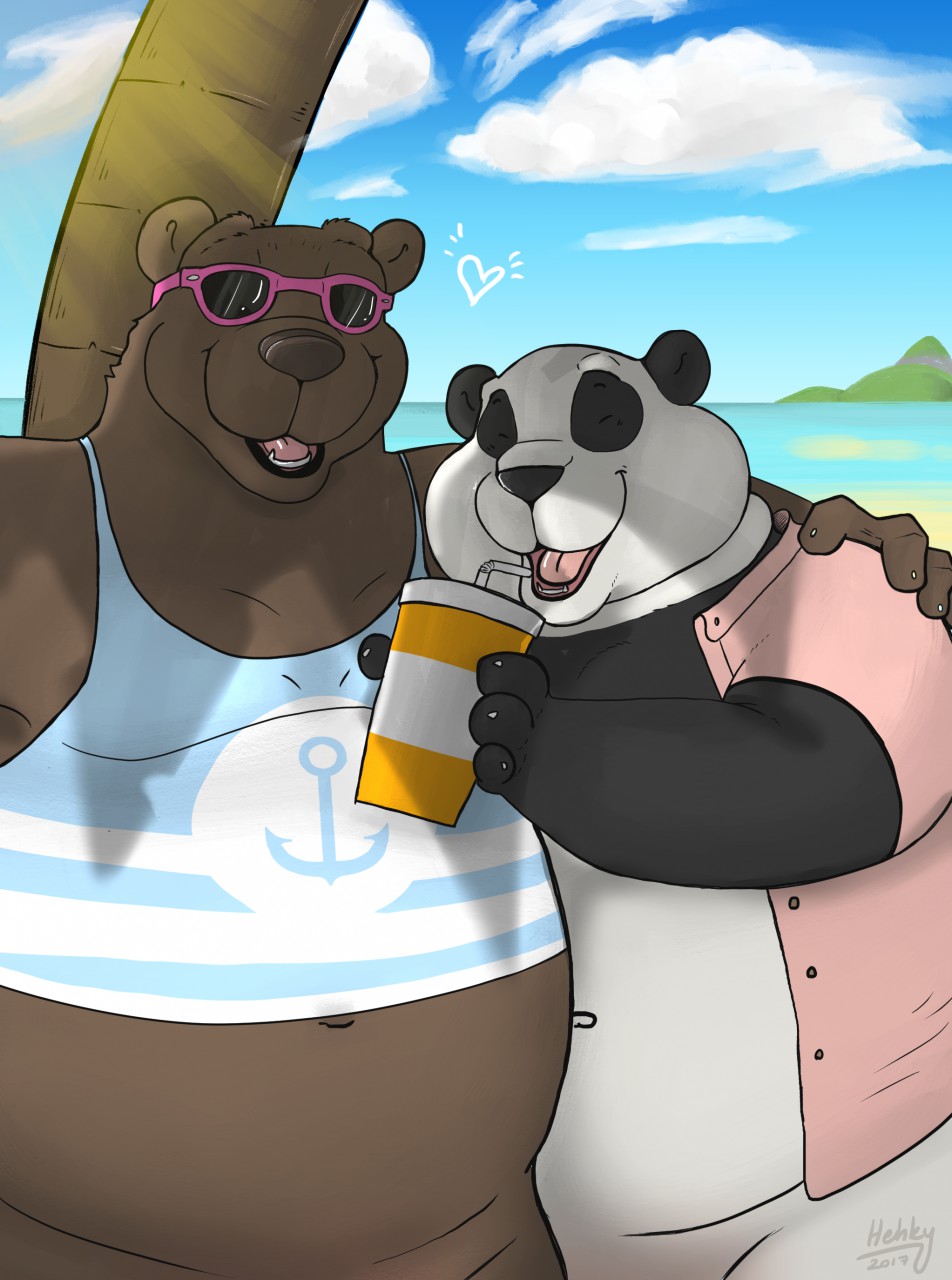 &lt;3 anthro bear brown_bear clothed clothing detailed_background duo eyewear hehky hi_res male mammal overweight overweight_male panda sea sunglasses water