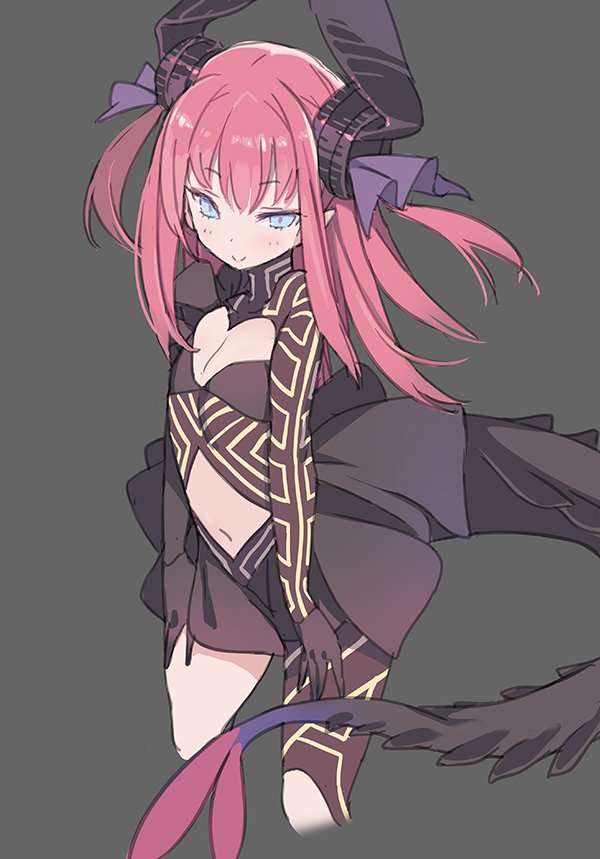 aqua_eyes arched_back bangs blade_(galaxist) blush breasts cleavage closed_mouth commentary_request cowboy_shot cropped_legs elizabeth_bathory_(corroded) elizabeth_bathory_(fate) elizabeth_bathory_(fate)_(all) eyebrows_visible_through_hair fate/extella fate/extra fate_(series) flat_chest flat_color grey_background half-closed_eyes horn_ornament horns looking_at_viewer navel pink_hair revealing_clothes short_hair simple_background sketch sketch_eyebrows smile solo standing tail tsurime two_side_up