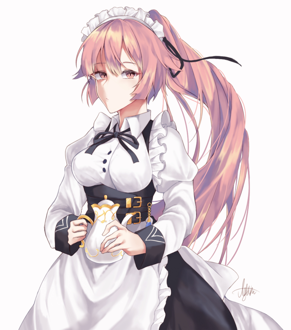 alternate_costume alternate_hairstyle apron bangs black_ribbon blush breasts collared_dress commentary corset eyebrows_visible_through_hair frilled girls_frontline hair_ribbon holding_teapot juliet_sleeves large_breasts long_hair long_sleeves looking_at_viewer maid maid_headdress ntw-20_(girls_frontline) parang pink_eyes pink_hair ponytail puffy_sleeves ribbon sidelocks signature simple_background solo tassel very_long_hair white_background