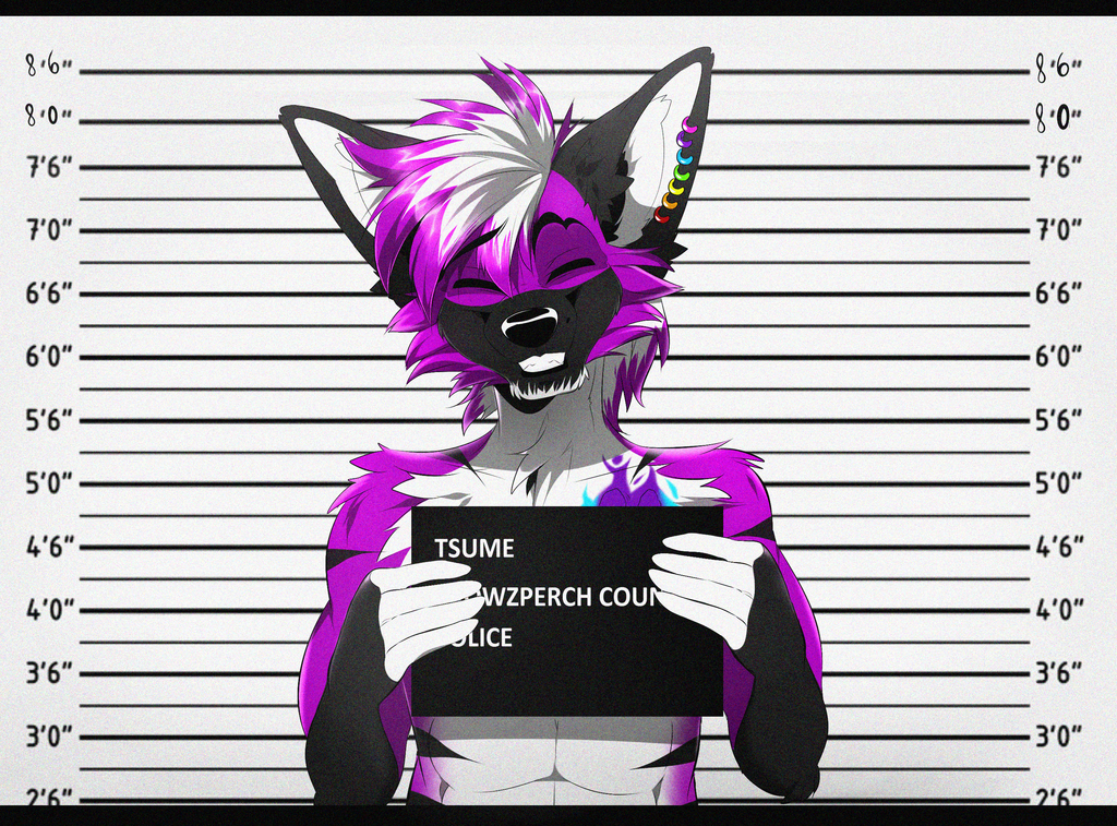 4_fingers canine clothed clothing crowzperch ear_piercing eyeless fur grin hair highlights invalid_color invalid_tag lineup mammal piercing police purple_fur purple_highlights rainbow smile tall tattoo topless tsume_yifu white_hair wolf