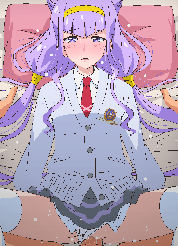 1boy 1girl bed blush censored clothed_sex collared_shirt eyelashes full-face_blush hair_ornament headband hetero hugtto!_precure indoors lavender_hair long_hair long_sleeves looking_at_viewer low_twintails lulu_(precure) lying mosaic_censoring necktie oekaki on_bed open_mouth panties panties_aside pillow precure purple_eyes pussy_juice red_necktie sex shirt skirt solo_focus spread_legs sweatdrop tears thighhighs tomu_(tomubobu) twintails underwear vaginal white_legwear white_panties white_shirt