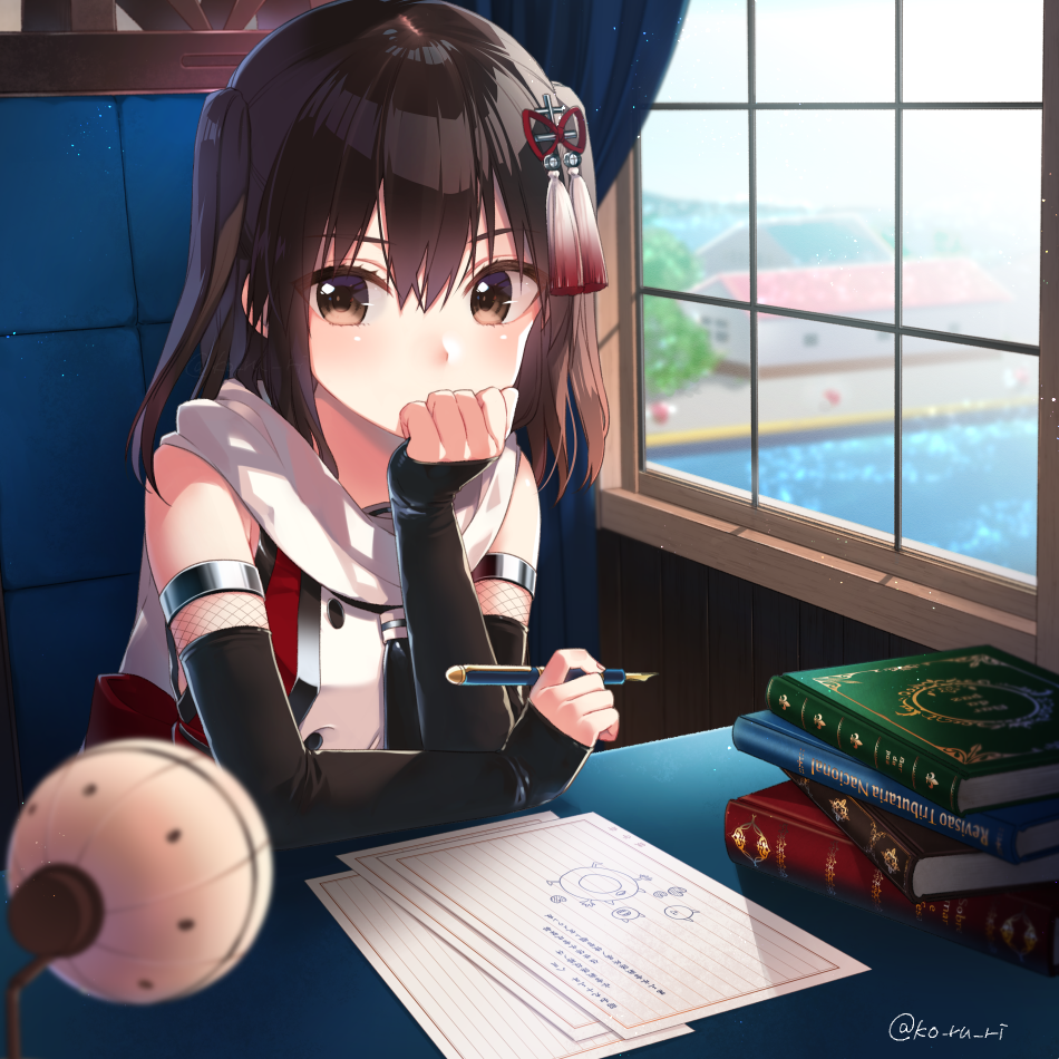 bangs bare_shoulders blue_sky blurry blurry_background blurry_foreground blush book_stack brown_eyes brown_hair chair comiket_94 covered_mouth curtains day depth_of_field desk detached_sleeves enemy_lifebuoy_(kantai_collection) eyebrows_visible_through_hair fishnets fountain_pen hair_between_eyes hair_ornament holding holding_pen indoors kantai_collection koruri long_hair long_sleeves looking_at_viewer paper pen remodel_(kantai_collection) scarf school_uniform sendai_(kantai_collection) serafuku shirt sitting sky sleeveless sleeveless_shirt sleeves_past_wrists solo twitter_username two_side_up white_scarf window