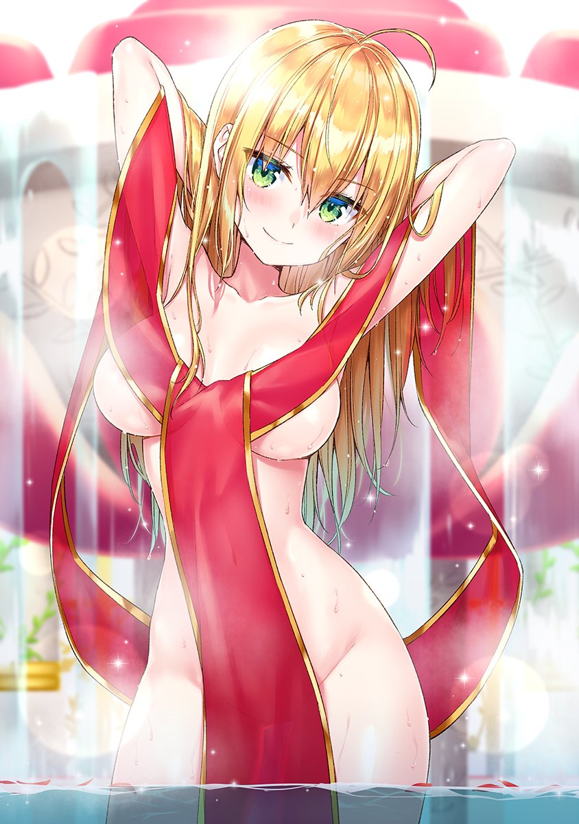 adjusting_hair ahoge architecture bangs bathing blush breasts collarbone column commentary cowboy_shot fate/extra fate_(series) fountain green_eyes hair_between_eyes highres indoors large_breasts long_hair looking_at_viewer masuishi_kinoto naked_ribbon nero_claudius_(fate) nero_claudius_(fate)_(all) petals pillar red_petals red_ribbon ribbon rose_petals smile standing wading water waterfall wet